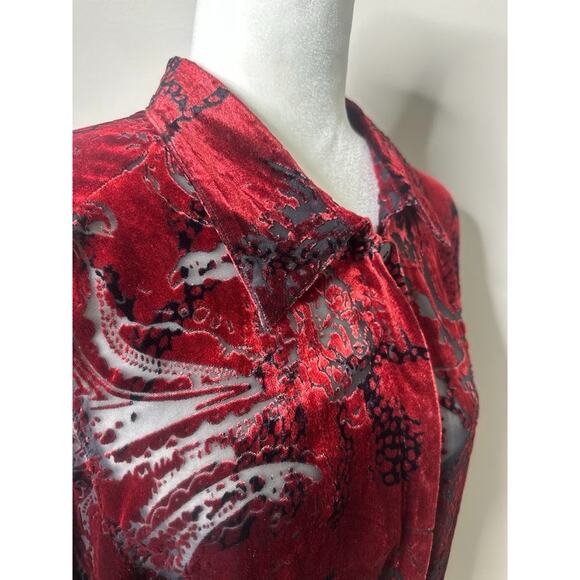 Laura Ashley Women Button Top Large Silk Red Sheer Velvet Burnout Paisley Office - Picture 6 of 10